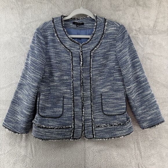 Ann Taylor Coat 10 Blue Tweed Crew Long Sleeves Pockets Lined Preppy Old Money - Picture 1 of 15